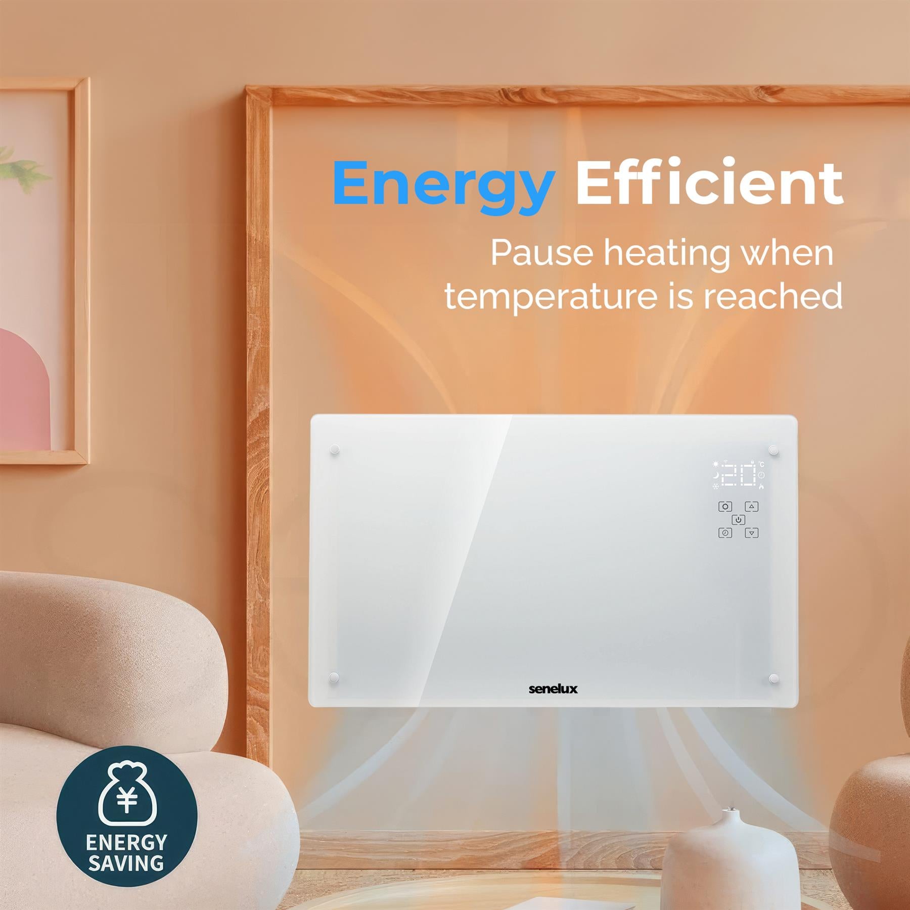 Senelux 2000W WiFi Smart Glass Panel Heater - Convection Heating, Thermostat