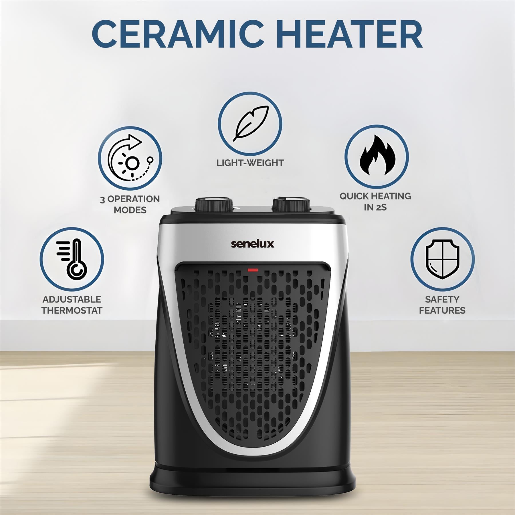 Senelux 1500W PTC Ceramic Portable Mini Heater with Adjustable Thermostat – Compact & Efficient Heating