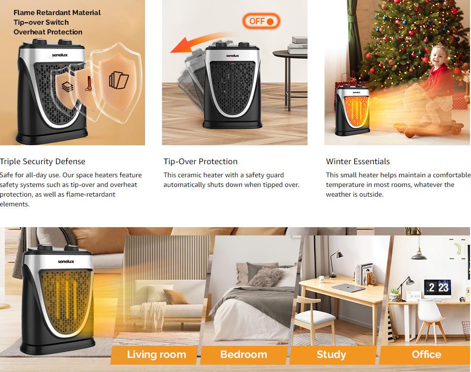 Senelux 1500W PTC Ceramic Portable Mini Heater with Adjustable Thermostat – Compact & Efficient Heating