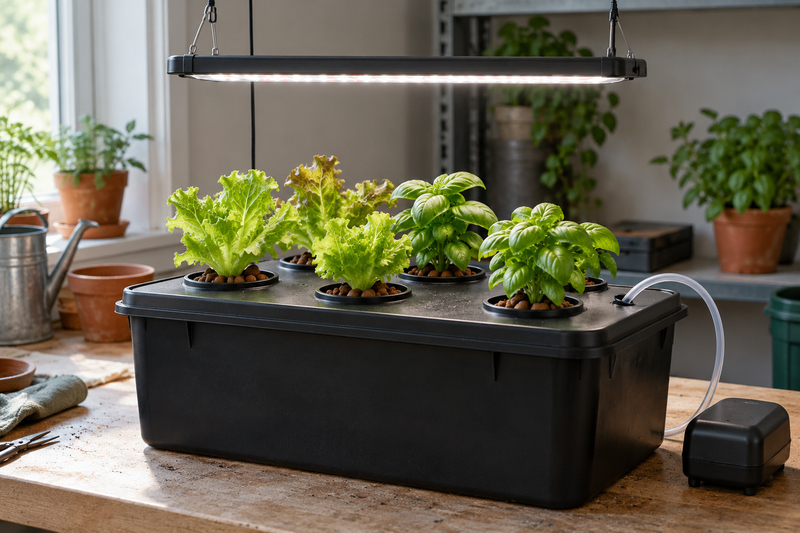 Young lettuce and basil growing in net pots on a simple covered hydroponic reservoir beneath an LED light
