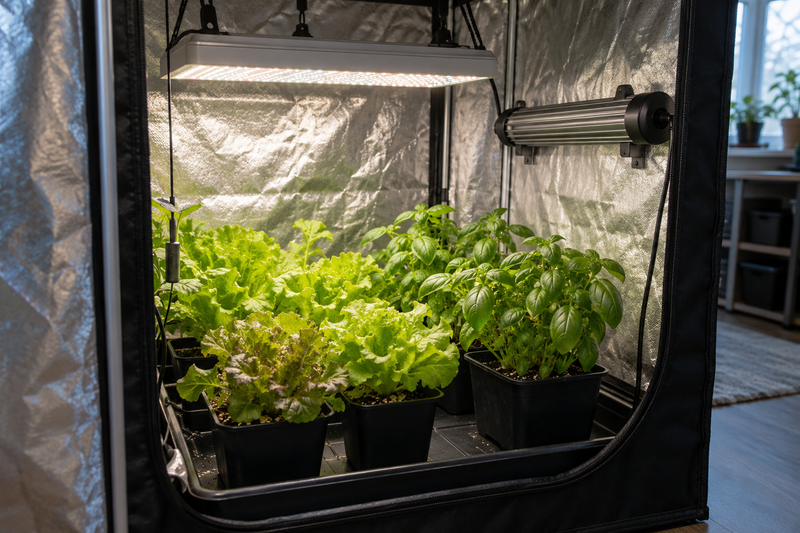 Leafy vegetables and herbs growing in a reflective indoor grow tent with a tubular heater positioned clear of the pots