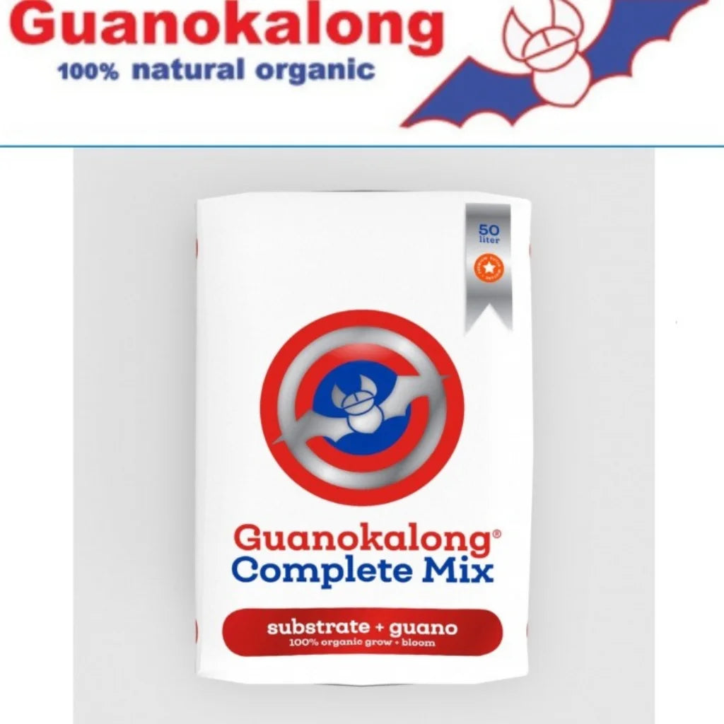 Guanokalong Complete Mix 50L organic potting soil enriched with natural bat guano, worm castings and perlite. Supports healthy roots, growth and flowering.