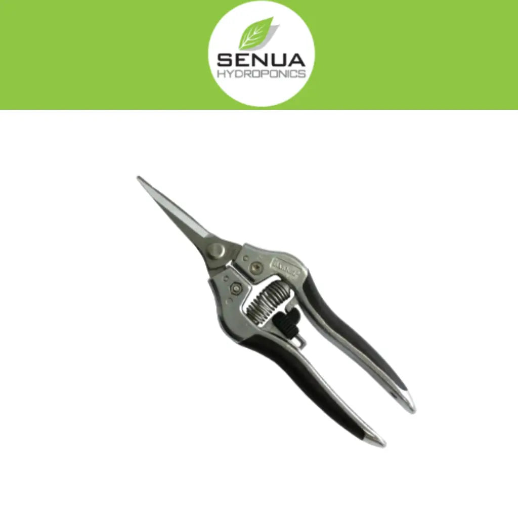 Pruning shears with Senua Hydroponics logo on a green and white background