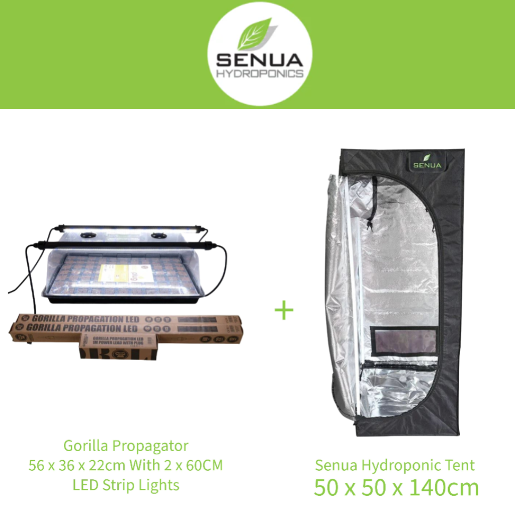 Senua Hydroponic Tent 50 x 50 x 140cm with Gorilla Flexible Propagator 56 x 36 x 22cm With 2 x 60CM LED Propagator Strips