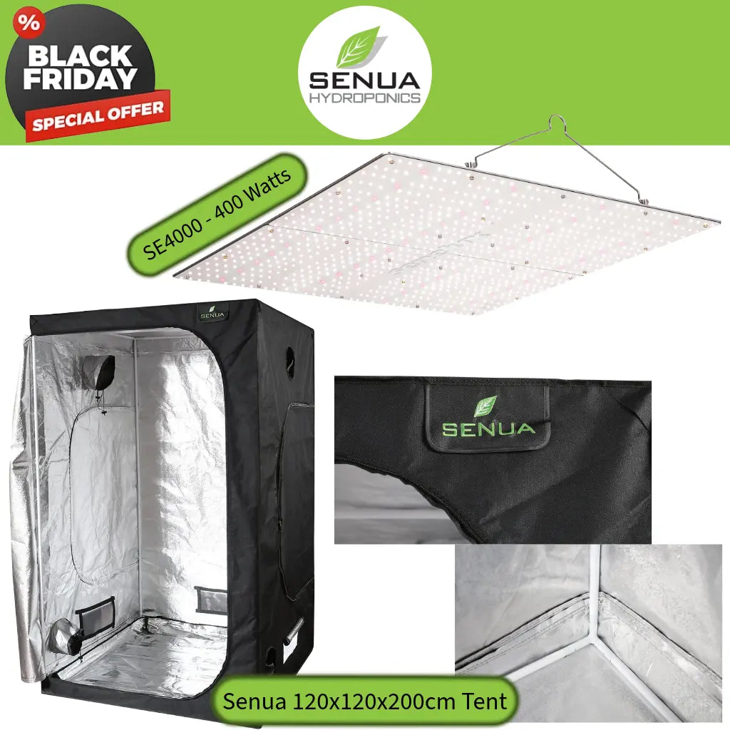 Senua hydroponics tent and LED light with Black Friday offer on a green background