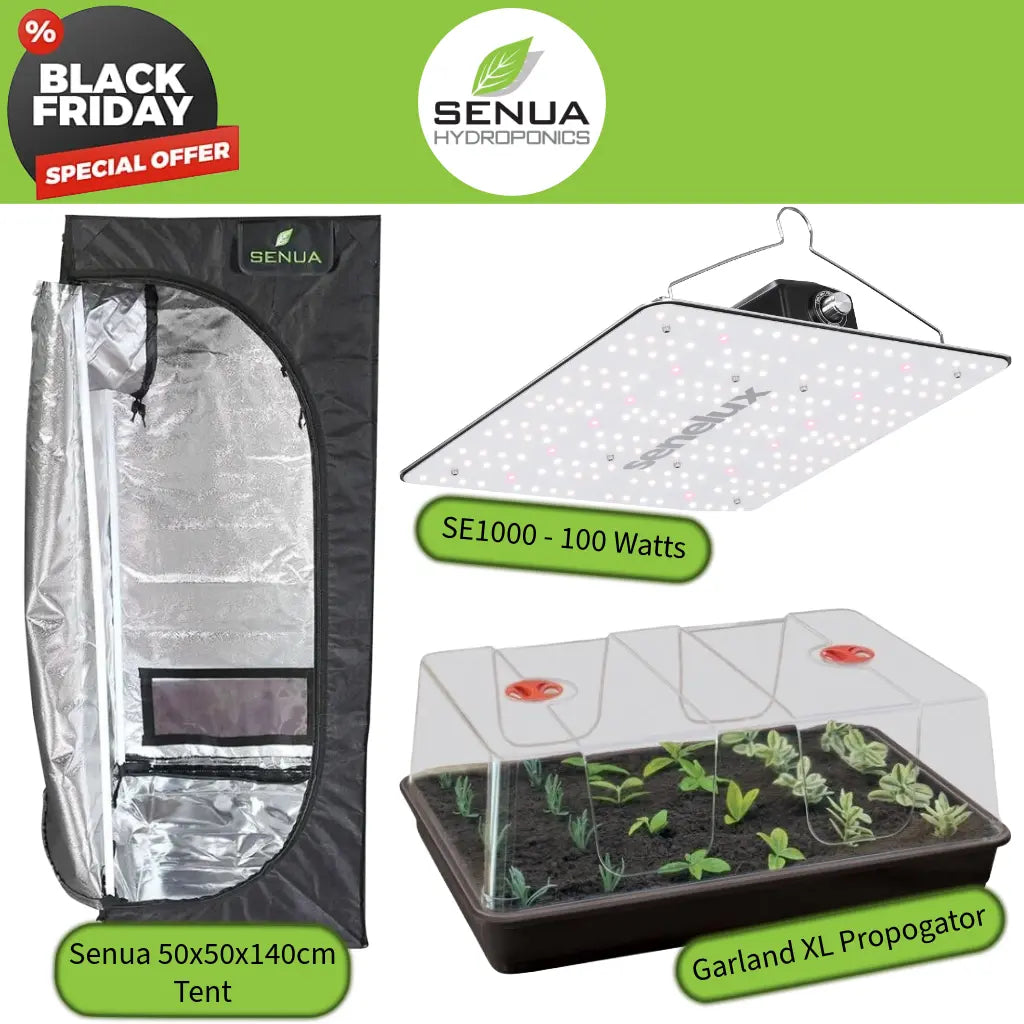 Senua hydroponics products including a tent, light, and propagator with Black Friday promotion.
