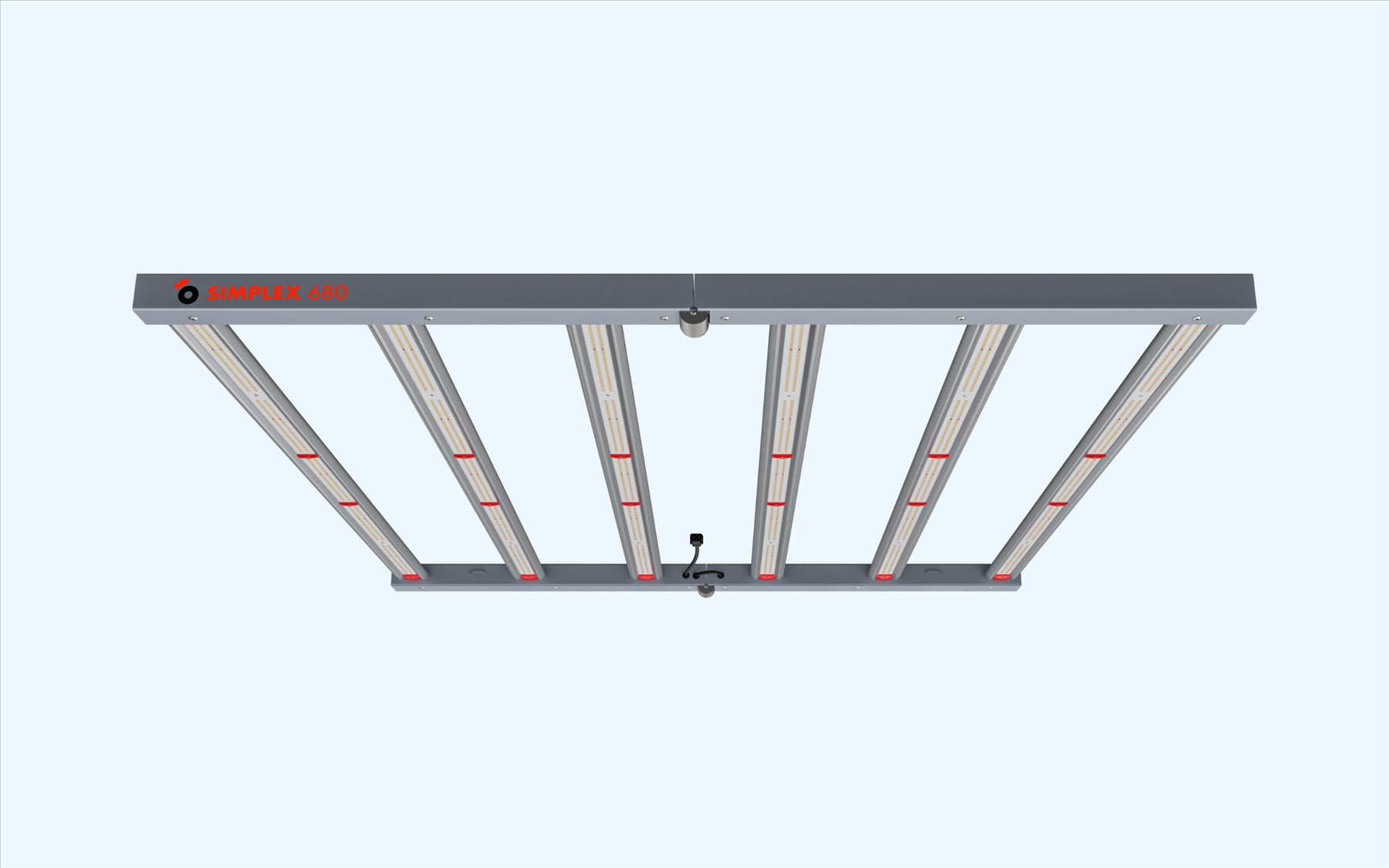 The Nokotech 680 Simplex shown from the side with the grey panelling on the sides of the grow light bars and the Nokotech logo on the right hand side 