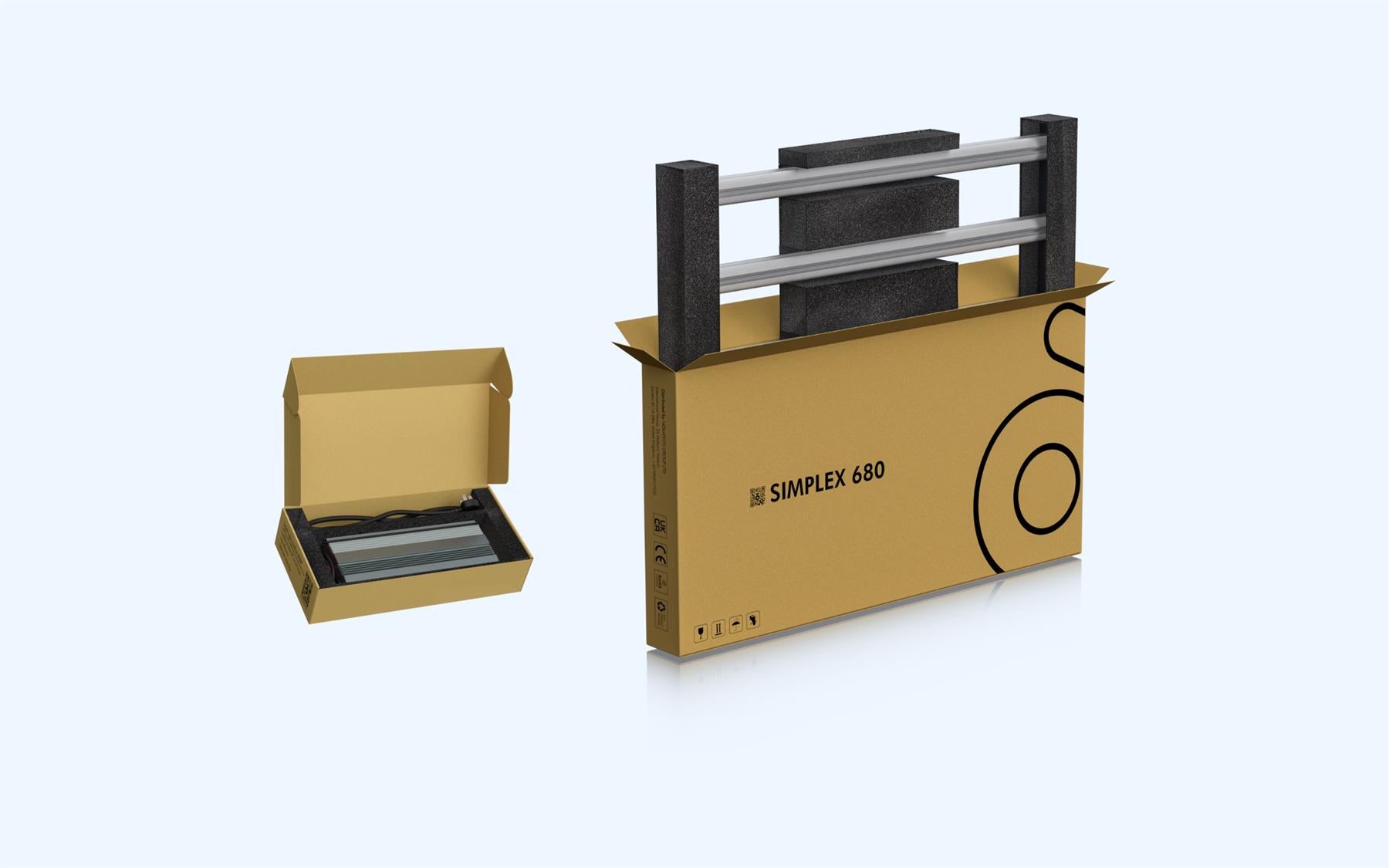 The Nokotech 680 LED Grow Light in the subtle packaging. This shows the light in the folded position in the box alongside the included HPS Light Ballast.