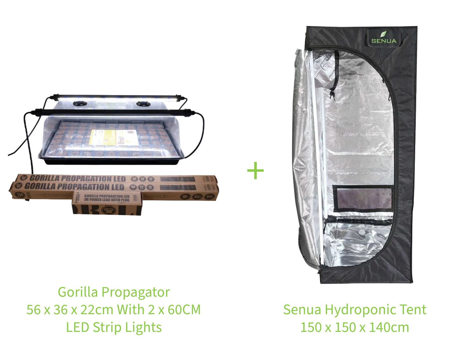 Senua Hydroponic Tent 150 x 150 x 140cm with Gorilla Flexible Propagator 56 x 36 x 22cm With 2 x 60CM LED Propagator Strips