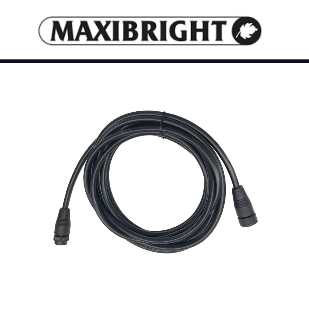 Coiled black cable with connectors on a white background, featuring the Maxibright logo.