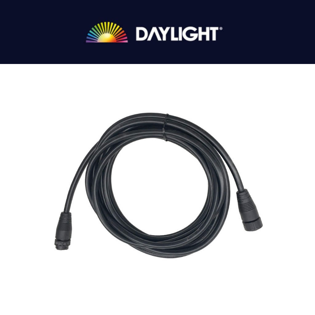 A black, Daylight cable tied with a cable tie against a white background