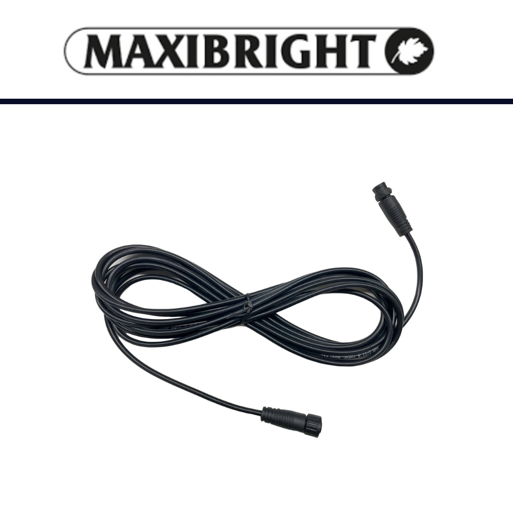 Coiled black cable with connectors on a white background, featuring the Maxibright logo.