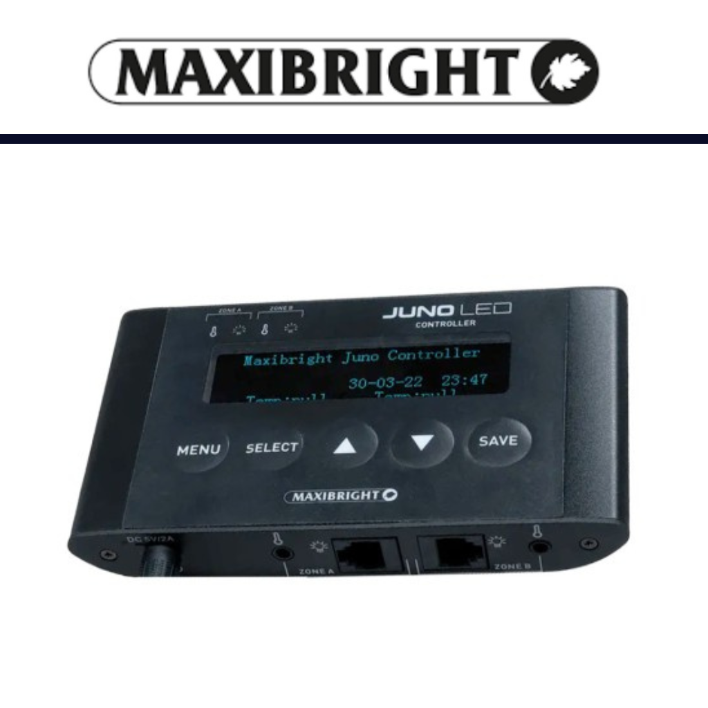 Maxibright LED controller with digital display on a white background