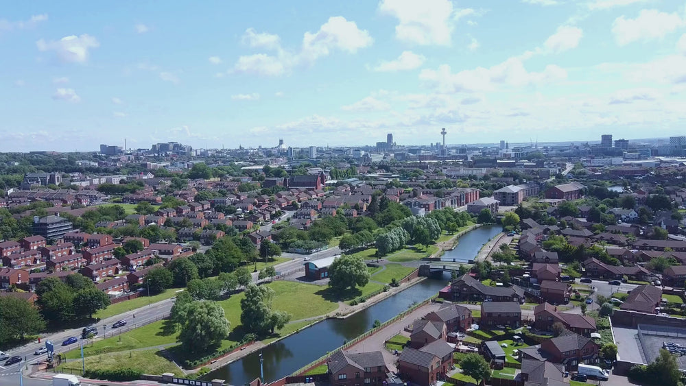 Drone footage of Liverpool which pans down to show the location of the Senua Hydroponics store