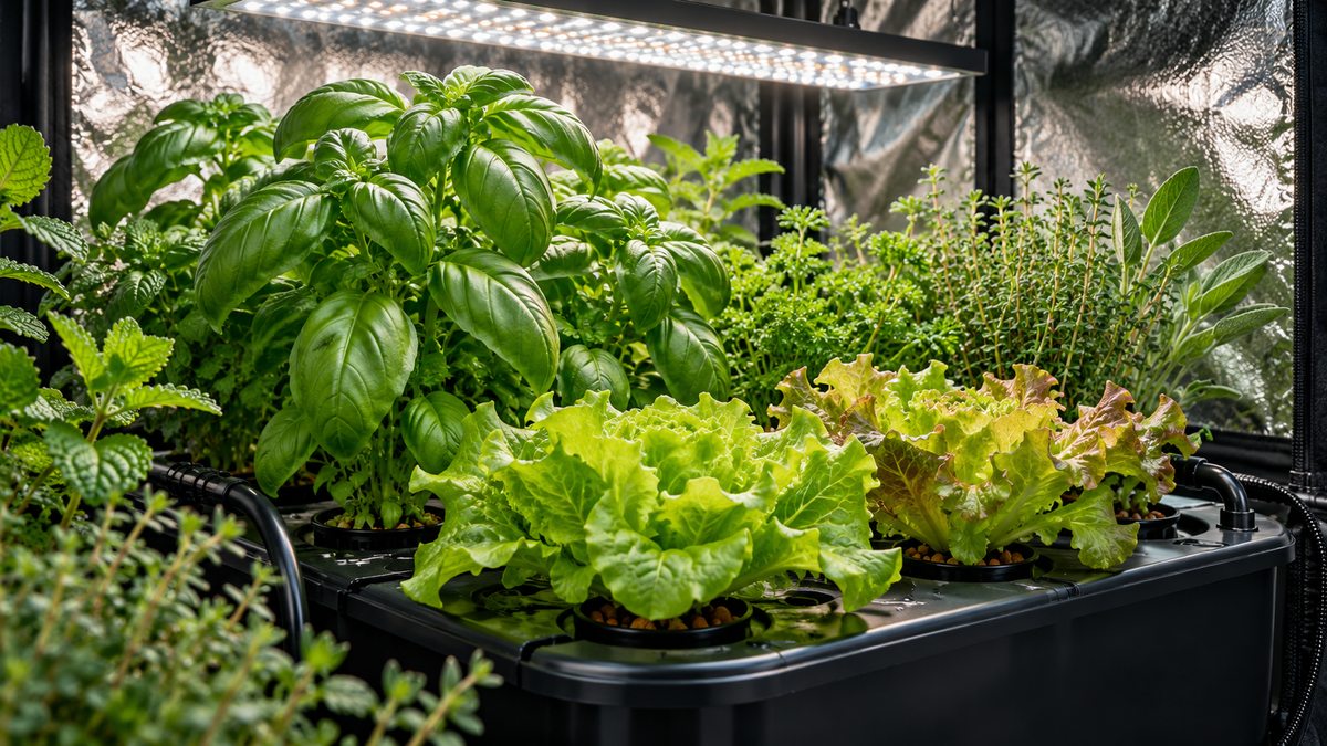 Basil, lettuce and herbs growing hydroponically beneath an LED grow light